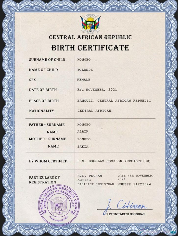 Download Central African Republic birth certificate Photoshop template
